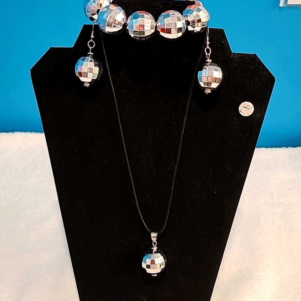 3 piece Disco Ball Jewelry Set Necklace, Bracelet, Earrings